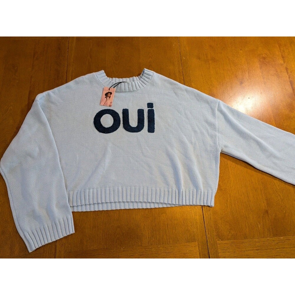 Sincerely Jules Oui Sweater Blue Knit Pullover Textured Lettering Womenโs Large